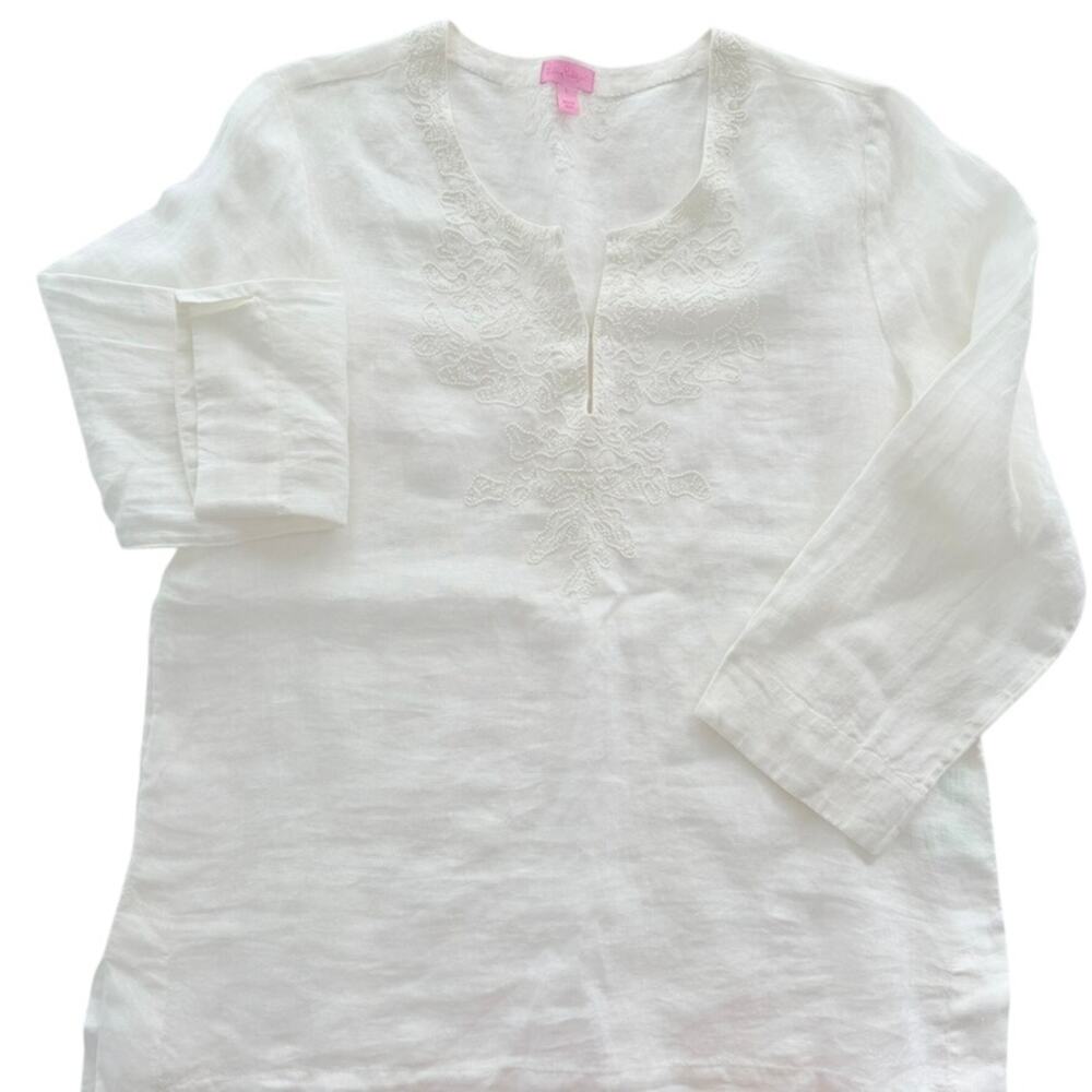 Lilly Pulitzer Tunic Beaded Embroidered Sarasota Linen White Large Cotton
